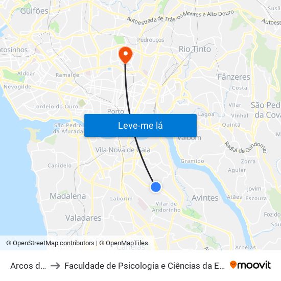 Arcos do Sardão to Faculdade de Psicologia e Ciências da Educação da Universidade do Porto map