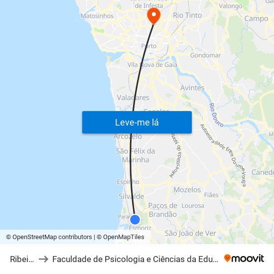 Ribeirinhos to Faculdade de Psicologia e Ciências da Educação da Universidade do Porto map