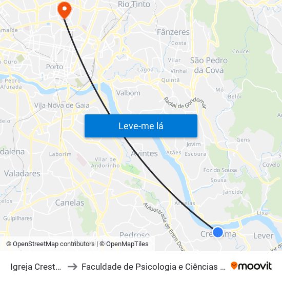 Igreja Crestuma - Crestuma to Faculdade de Psicologia e Ciências da Educação da Universidade do Porto map