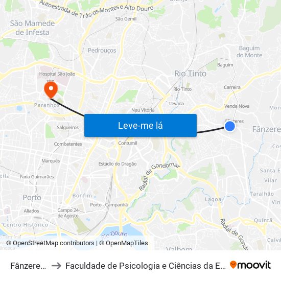 Fânzeres (Metro) to Faculdade de Psicologia e Ciências da Educação da Universidade do Porto map