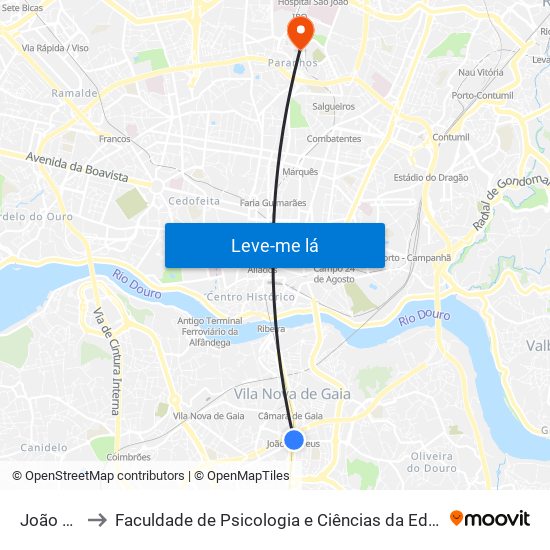 João de Deus to Faculdade de Psicologia e Ciências da Educação da Universidade do Porto map