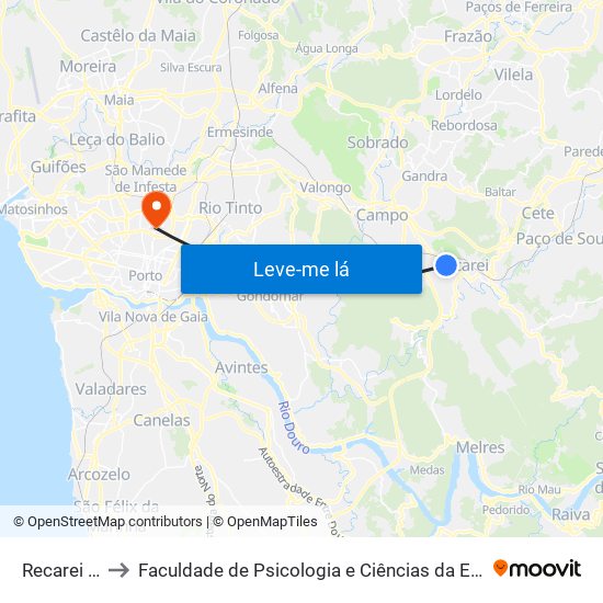 Recarei (Valvide) to Faculdade de Psicologia e Ciências da Educação da Universidade do Porto map