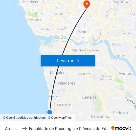 Areal-Miramar to Faculdade de Psicologia e Ciências da Educação da Universidade do Porto map