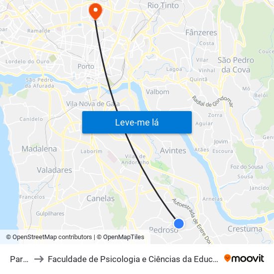 Paradela to Faculdade de Psicologia e Ciências da Educação da Universidade do Porto map