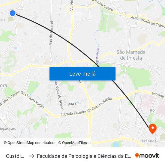 Custóias (Feira) to Faculdade de Psicologia e Ciências da Educação da Universidade do Porto map