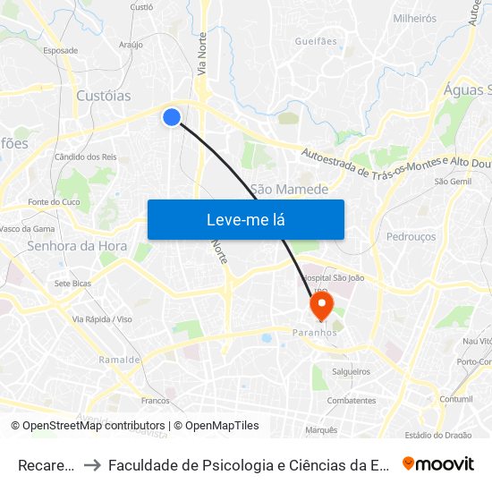 Recarei (Norte) to Faculdade de Psicologia e Ciências da Educação da Universidade do Porto map