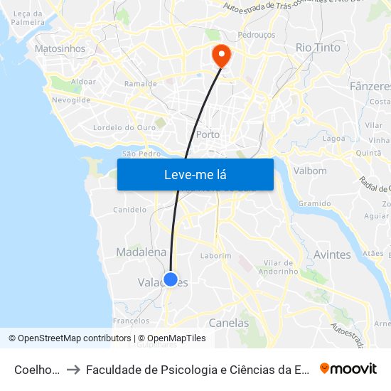 Coelho Moreira to Faculdade de Psicologia e Ciências da Educação da Universidade do Porto map