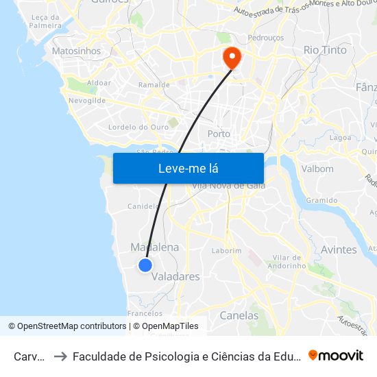 Carvalheiro to Faculdade de Psicologia e Ciências da Educação da Universidade do Porto map