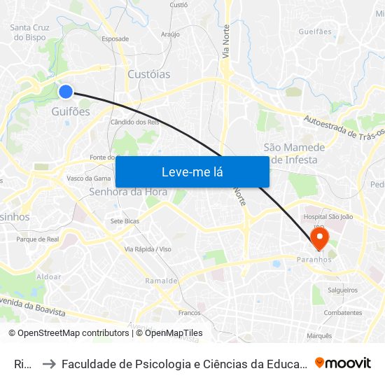 Ribeiro to Faculdade de Psicologia e Ciências da Educação da Universidade do Porto map