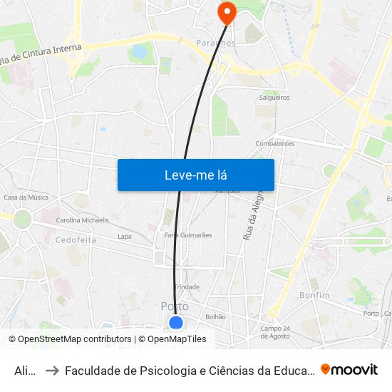 Aliados to Faculdade de Psicologia e Ciências da Educação da Universidade do Porto map