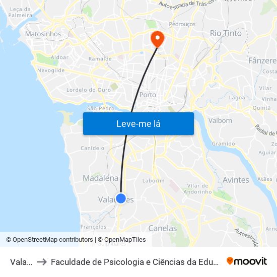 Valadares to Faculdade de Psicologia e Ciências da Educação da Universidade do Porto map