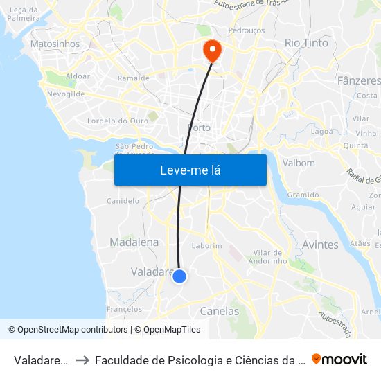 Valadares (Escolas) to Faculdade de Psicologia e Ciências da Educação da Universidade do Porto map