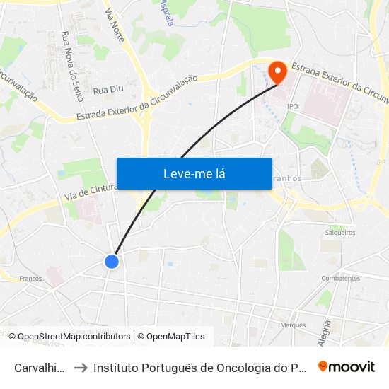 Carvalhido to Instituto Português de Oncologia do Porto map