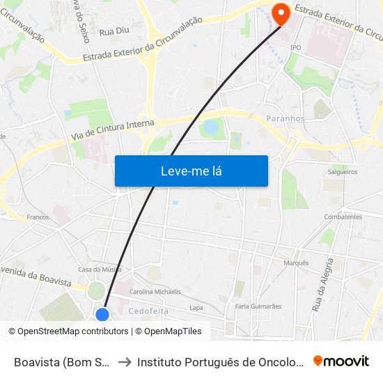 Boavista (Bom Sucesso) to Instituto Português de Oncologia do Porto map