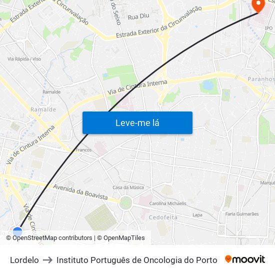 Lordelo to Instituto Português de Oncologia do Porto map