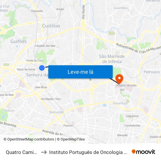 Quatro Caminhos to Instituto Português de Oncologia do Porto map