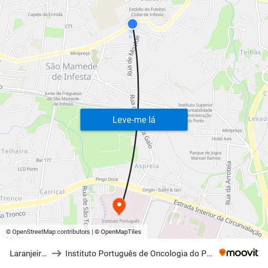 Laranjeiras to Instituto Português de Oncologia do Porto map