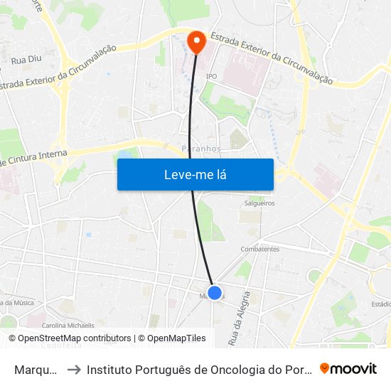 Marquês to Instituto Português de Oncologia do Porto map