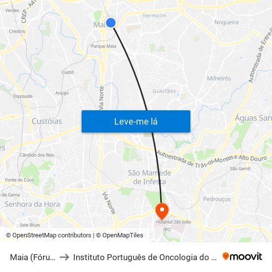 Maia (Fórum) to Instituto Português de Oncologia do Porto map