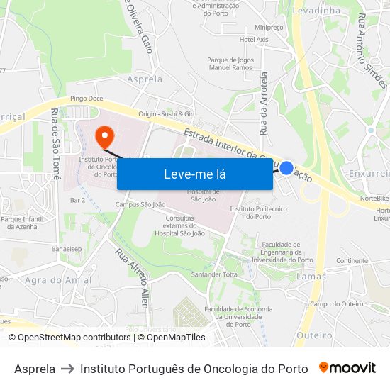 Asprela to Instituto Português de Oncologia do Porto map