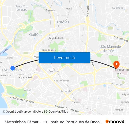 Matosinhos Câmara (Matc1) to Instituto Português de Oncologia do Porto map