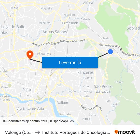 Valongo (Centro) to Instituto Português de Oncologia do Porto map