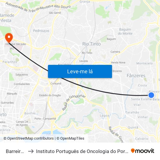 Barreiros to Instituto Português de Oncologia do Porto map