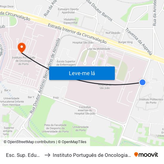 Esc. Sup. Educação to Instituto Português de Oncologia do Porto map