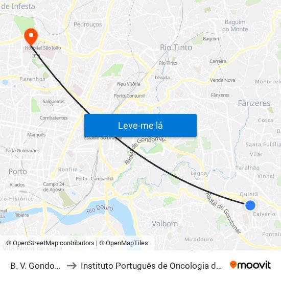 B. V. Gondomar to Instituto Português de Oncologia do Porto map