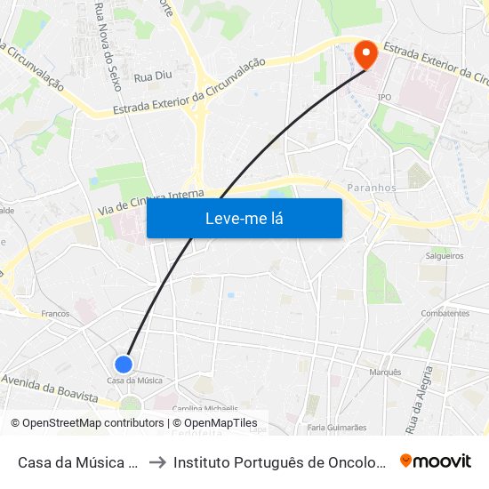 Casa da Música (Metro) to Instituto Português de Oncologia do Porto map