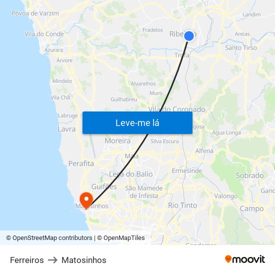 Ferreiros to Matosinhos map