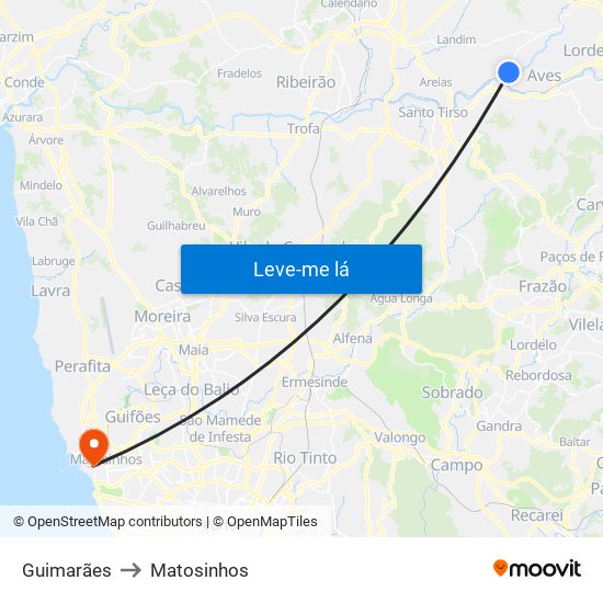 Guimarães to Matosinhos map