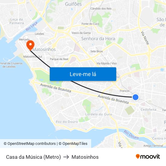 Casa da Música (Metro) to Matosinhos map