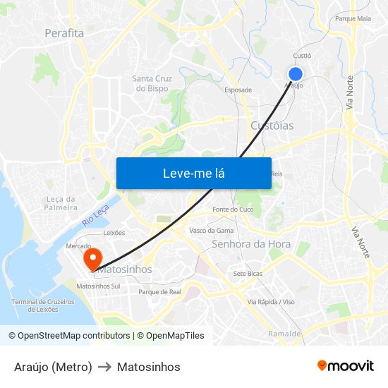 Araújo (Metro) to Matosinhos map