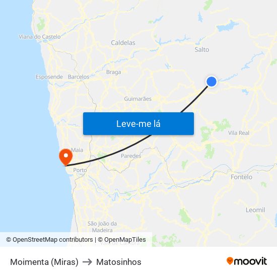 Moimenta (Miras) to Matosinhos map