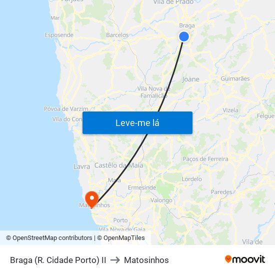 Braga (R. Cidade Porto) II to Matosinhos map