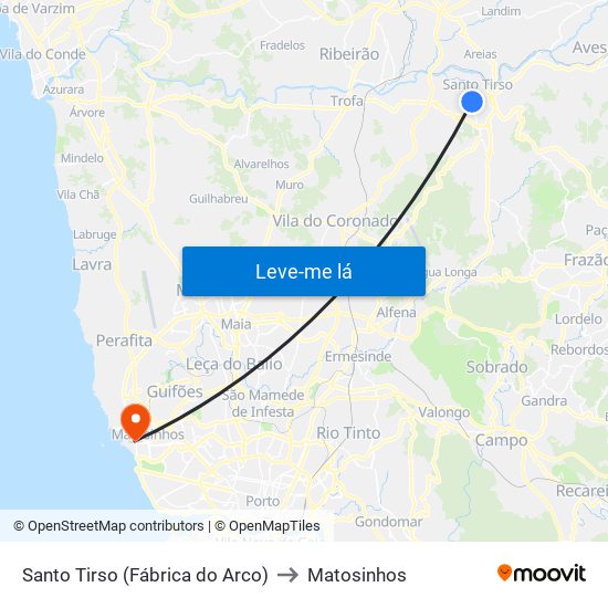 Santo Tirso (Fábrica do Arco) to Matosinhos map