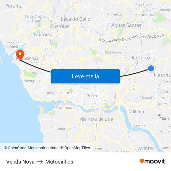 Venda Nova to Matosinhos map