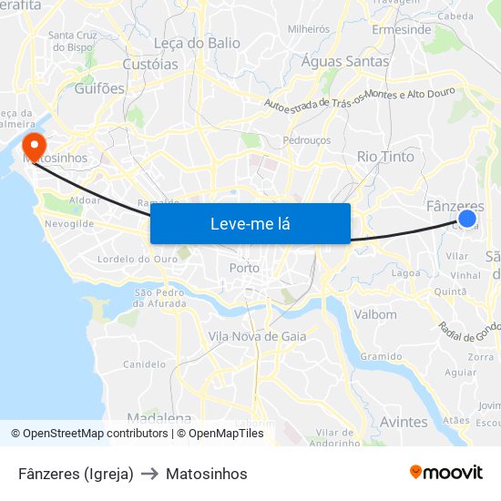 Fânzeres (Igreja) to Matosinhos map