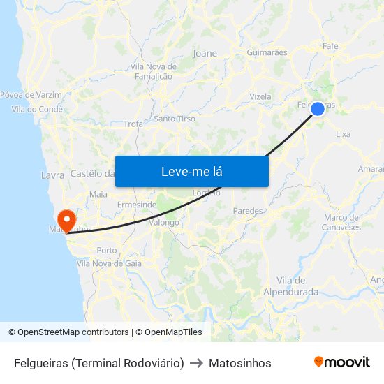 Felgueiras (Terminal Rodoviário) to Matosinhos map