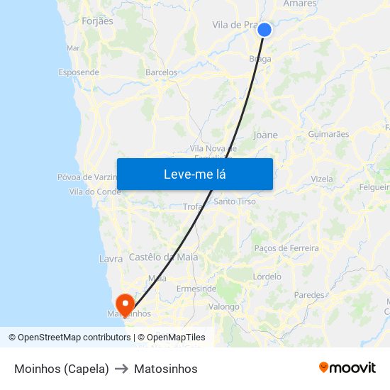 Moinhos (Capela) to Matosinhos map