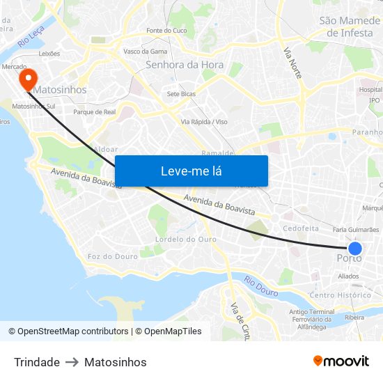Trindade to Matosinhos map
