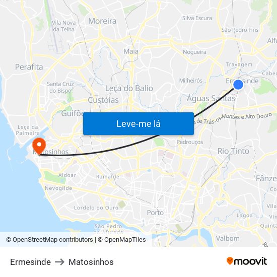 Ermesinde to Matosinhos map