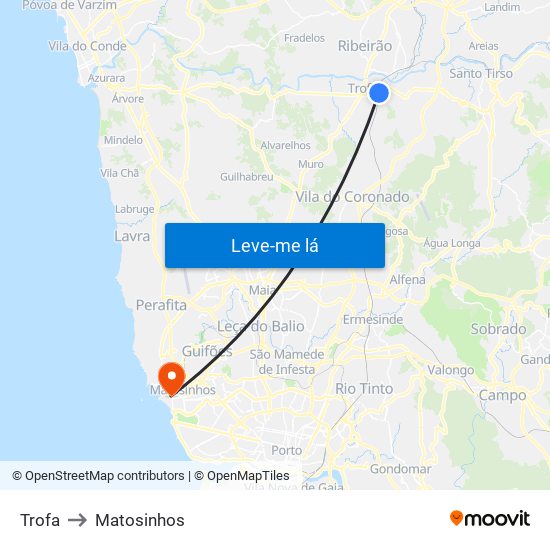 Trofa to Matosinhos map