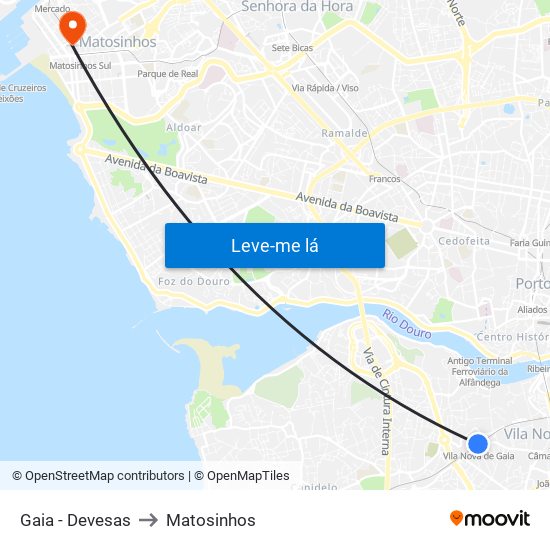 Gaia - Devesas to Matosinhos map