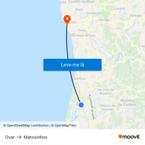 Ovar to Matosinhos map