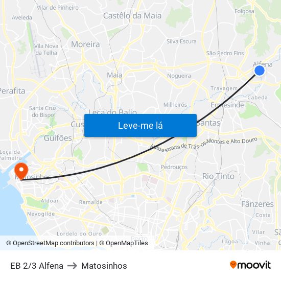 EB 2/3 Alfena to Matosinhos map