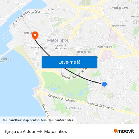 Igreja de Aldoar to Matosinhos map