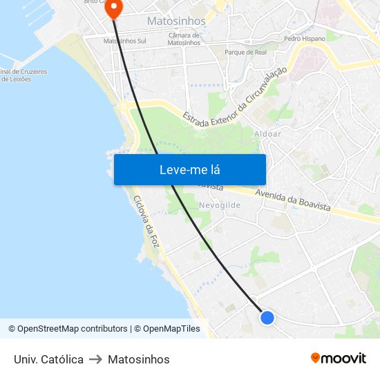 Univ. Católica to Matosinhos map