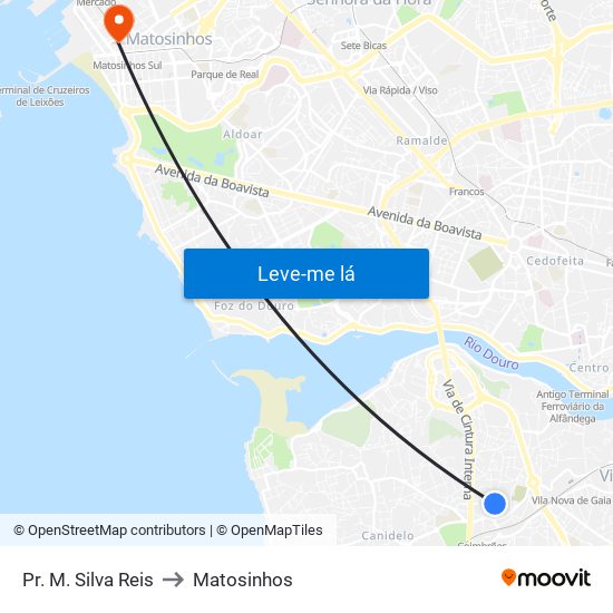 Pr. M. Silva Reis to Matosinhos map